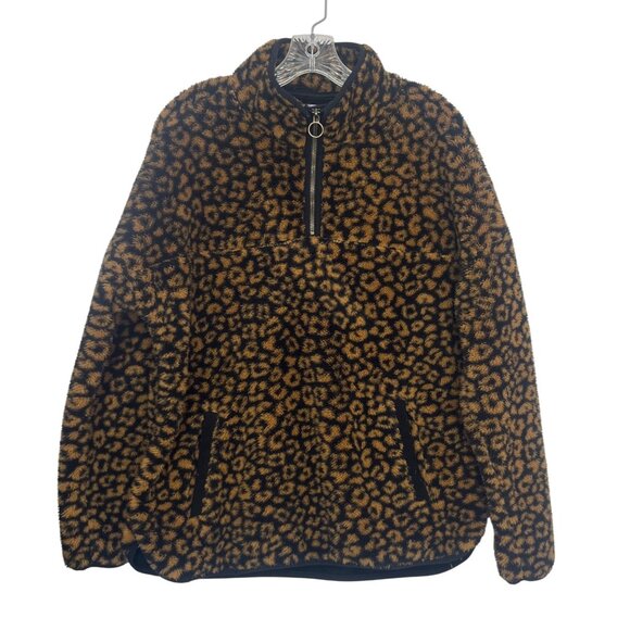 Time And Tru Fleece 1/4 Zip Shirt Leopard Print Womens Large Black Yellow - Picture 2 of 9